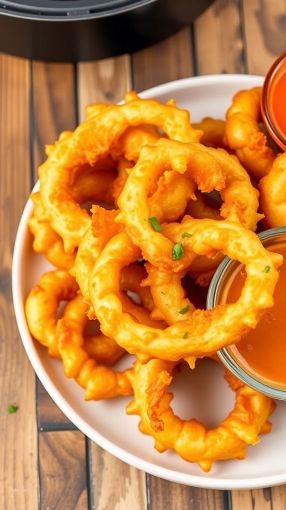 Crispy Healthy Air Fryer Onion Rings Recipe Crispy air fryer onion rings served with dipping sauce on a rustic wooden table.